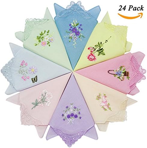 WINDLY Women’s Handkerchiefs Hankies 100% Cotton with Embroidered Flowers and Butterfly - 12 Pack, 24 Pack (12pcs)