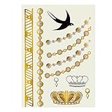 Zodaca Gold/Siver Metallic Temporary Jewellery Tattoo Sticker, Crown and Bird