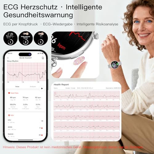 2026 Women's Smartwatch with ECG/Blood Pressure Monitor, 1.32 Inch AOD Health Watch with AI Dial & AI Smart Q&A, Bluetooth Calls/SPO-2/Aρnοe/Sleep/Pulse/HRV/BMI/Stress, Small Round Fitness Watch