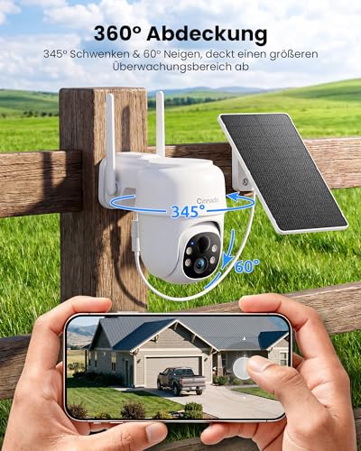 Cinnado Outdoor Surveillance Camera Battery Solar - 2K Wireless Camera Surveillance Outdoor 360° PTZ 2.4 GHz WiFi Outdoor Camera with Solar Panel, PIR Motion Sensor IP65, Colour Night Vision, 2-Way