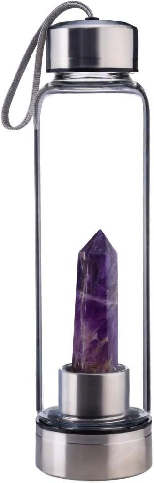 JewelBeauty Crystal Elixir Glass Water Bottle with Amethyst Gemstone Healing Crystal Infused Obelisk Wand Energy Cup (Dreamy Amethyst)