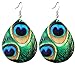 Pashal Deep Green Peacock Tail Feather Dangle Drop Disc Earrings