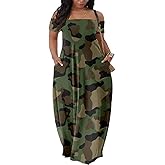 HTHCHENG Women's 3D Print Off Shoulder Camouflage Boho Maxi Dress Summer Beach Long Dresses