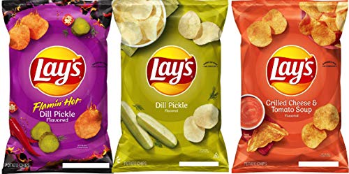Lay's Fall Edition Flamin' Hot/Original Dill Pickle/ Grilled Cheese & tomato Soup/ Potato Chips Net Wt 2.75oz (3 Bags)