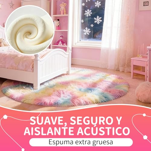 VOFUSHON Living Room Rug 150 cm Rainbow Rug Long Hair Washable Non-Slip Carpet for Bedroom