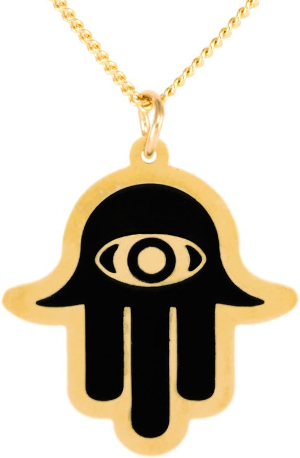 Gold Plated Hamsa Pendant - Enamel Charm Necklace, 17.5" - Nanostyle Jewelry