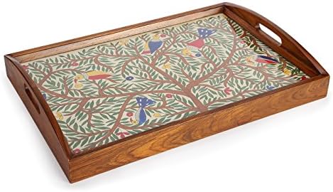 Slowcraft Handcrafted Coffee Serving Tray – Classic Wood Serving Tray with Handles – Perfect as A Coffee or Tea Serving Tray – Premium Quality Teak Wood and Hand Paintings