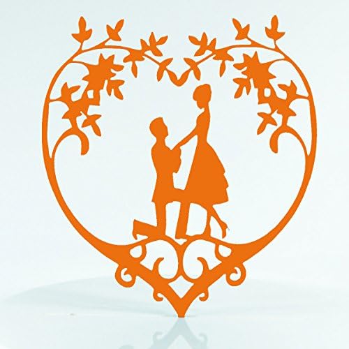 Floral Heart Proposal Wedding Engagment Cake Topper Mirror Acrylic Silhouette (Gloss Orange)
