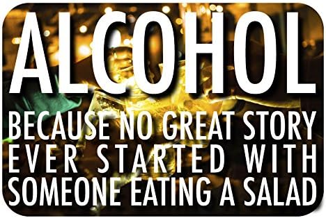 Alchohol - Because No Great Story Ever Started With Someone Eating a Salad. 12x8 in. funny wood sign with hook.