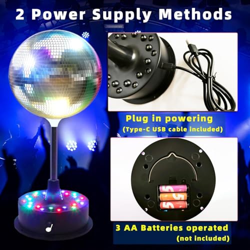 Silver Mirror Disco Ball Light, 6-Inch Mirror Ball with 23 RGBW LEDs, 360° Rotating Motor (5–10 RPM), Remote & Voice Control, Hanging Hook Included, Party Decor for Wedding, Birthday, Stage, Club