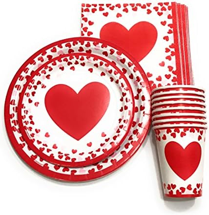 Valentines Party Plates Bundle - Valentine Paper Napkins, Paper Plates, and Paper Cups- Heart Theme - Set Serves 16 Guests