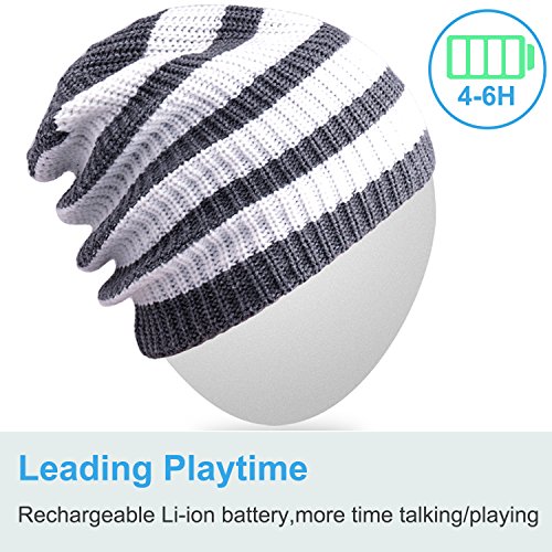 Rotibox Washable Winter Mens Womens Hat Strip Bluetooth Beanie Running Cap w/ Wireless Headphones Mic Hands Free Rechargeable Battery for Cell Phones, iPhone, iPad, Android, Laptops, Tablets - White