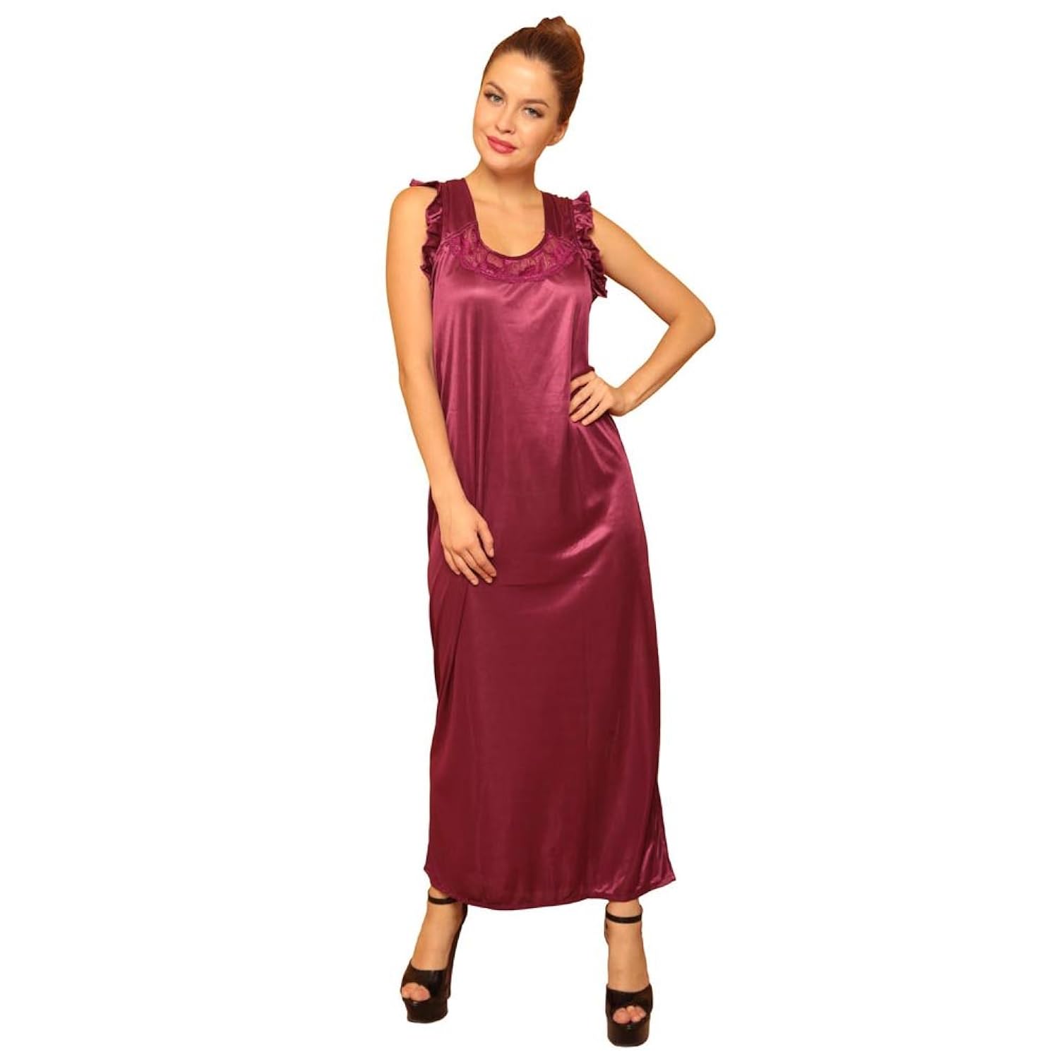 clovia women's 4 pcs satin nightwear in wine - robe, nightie, top, capri