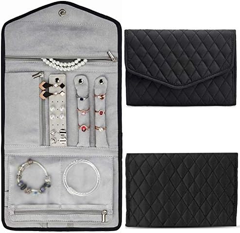 Travel Jewelry Roll Organizer Bag, Nylon Foldable Jewelry Case Purse for Earrings, Necklaces, Bracelets, Brooches, Watches for Women Travel Work Shopping Journey