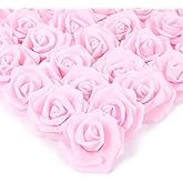 IPOPU Artificial Rose Flower Heads, 100pcs Real Looking Light Pink Foam Fake Roses for DIY Wedding Baby Shower Centerpieces Arrangements Party Tables Home Decorations (Light Pink, Stemless)