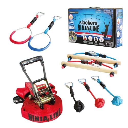 Slackers NinjaLine 11m Starter Set | Complete Kit with 7 Hanging Obstacles | Includes Slackline, Ratchet and Carry Bag | Suitable for Children 5 Years Old