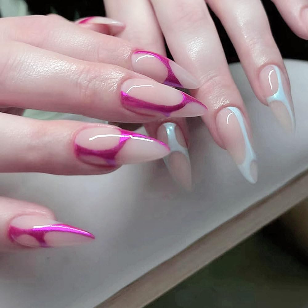 Mgmxbsth 24Pcs Almond Fake Nails,Mix Colours Press on Nails,Chrome Powder Glossy Fake Nails, Stick on Nails with Designs Stick for Women and Girls (Line Magic)