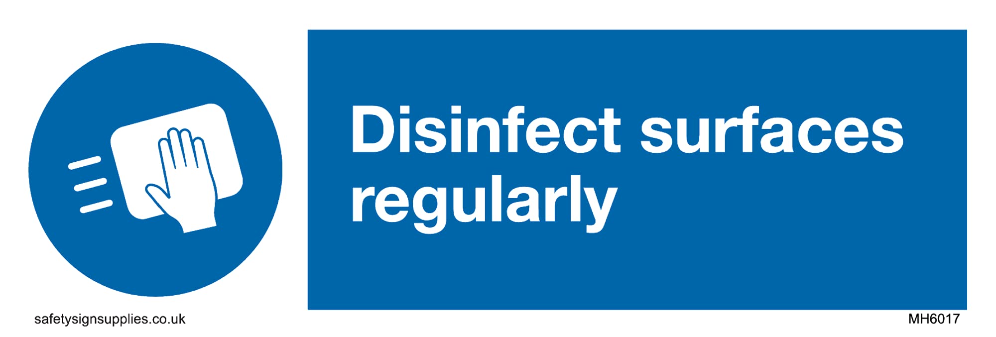 Disinfect surfaces regularly with mandatory surface eipe symbol Sign - 150x50mm - L15
