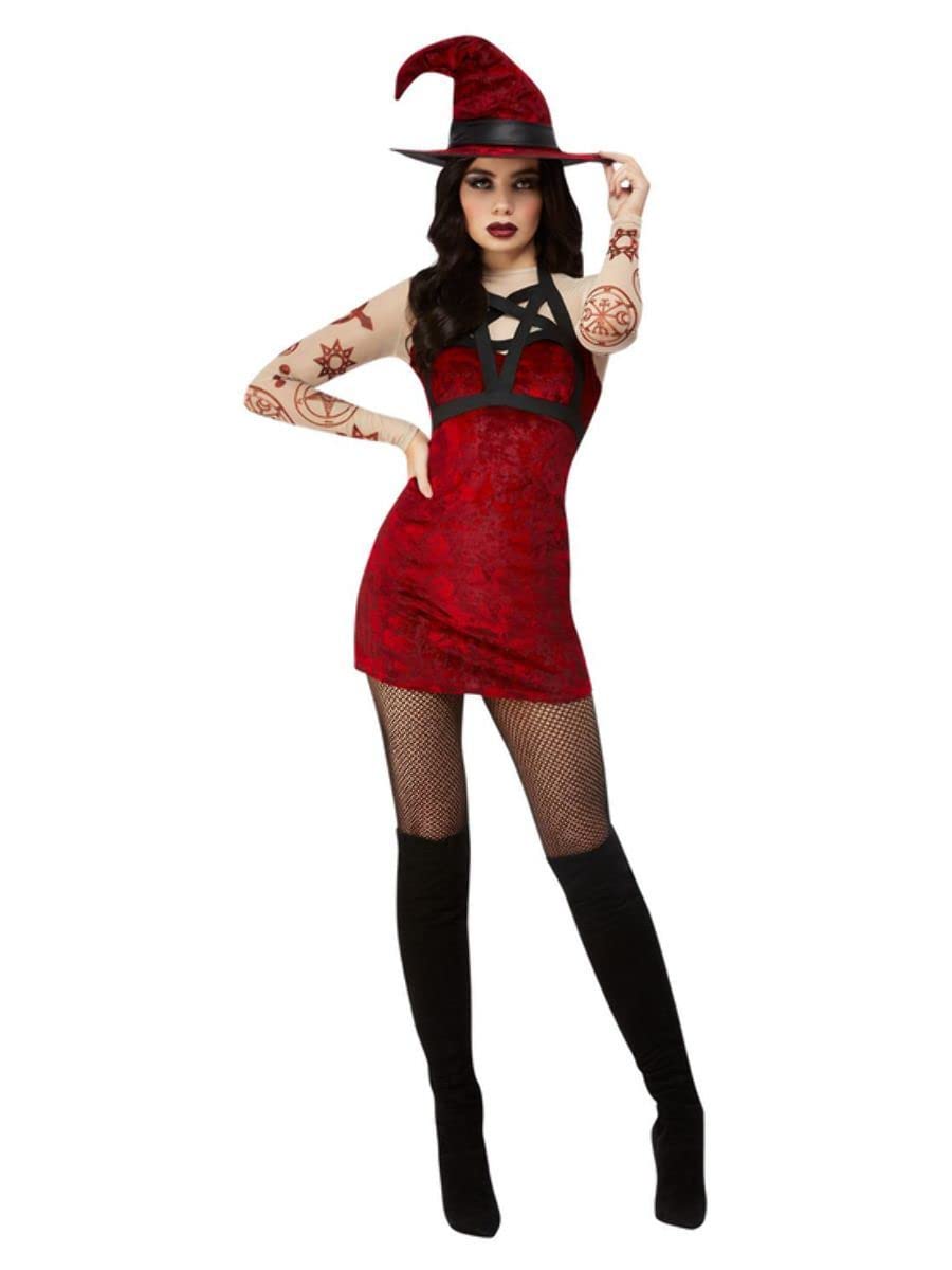 Smiffys Fever Satanic Witch Costume, Red Dress, Hat and Removable Shoulder Harness, Fever Fancy Dress, Fever Dress Up Costumes