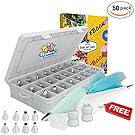 Cake Decoration Tips-50 Piece-The ONLY KIT With BONUS Reusable Silicone Bag-X2 Coupler-X10 Disposable Icing Bag-EBook. EASY TO SET & USE-Baking Tool Supply. Professional Icing Tips-Piping Cake Nozzle