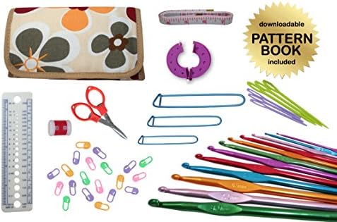Gold Medal Crafts 47-Piece Standard Crochet Kit with Downloadable Pattern Book, Hooks, Canvas Carrying Case and Accessories, Floral Pattern