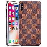 Keklle iPhone Luxury Designer Case, High Fashion Slim Durable Faux Leather Textured Brown Checkered Case for iPhone (iPhone X/10)