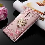 Honor 6X Case ,Opretty Slim Soft Gel Clear Bling Case Rose Gold Metal Plating Bumper Cover With 360 Rotating Ring Grip/Stand Holder/Kickstand For Honor 6X (Pink Flower)