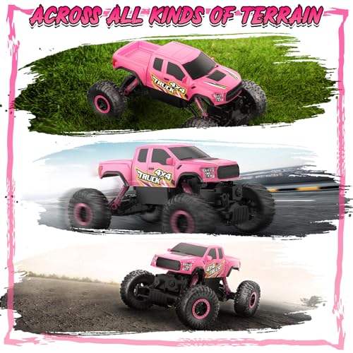 Double E Raptor F150 RC Car 4WD 2 Motors Monster Trucks for Girls, 11 Inches Off Road Crawler Vehicle Truck Toy with Rechargeable Battery Gift for Kids 6 7 8 9 10 11 12 Years-Pink