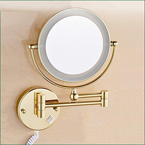 HomJo Golden Brass LED Light Makeup Mirrors 8" Round Dual Sides 3X/1X Mirrors Bathroom Cosmetic Mirror Wall Mount Magnifying Mirror, 1