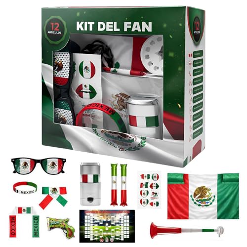 2026 Kit Fiesta Futbol Mundial 12PCS - Bastones Inflables, Bocina De Aire, Gafas De Sol Temáticas, Pintura Facial, Bufanda, Pulsera, Poster De Quiniela Mundial 2026, México, Para Reuniones, Bares
