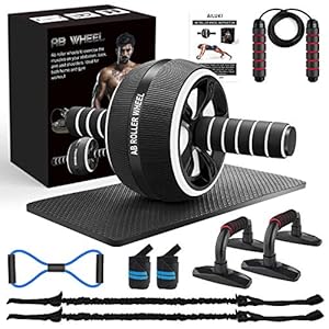 AILUKI Buikroller, buiktrainer, AB-roller, buikspiertrainer AB-wheel set, met fitnessband, springtouw, push-upgrepen…