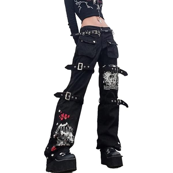 ENFUSO Punk Y2k Grunge Low Waist Emo Jeans Mall Gothic Women Black