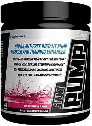 Giant Sports Pump, Stimulant-Free Preworkout Powder, Pump-Inducing &amp; Training Enhancement Supplement, 40 Servings, Red Raspberry