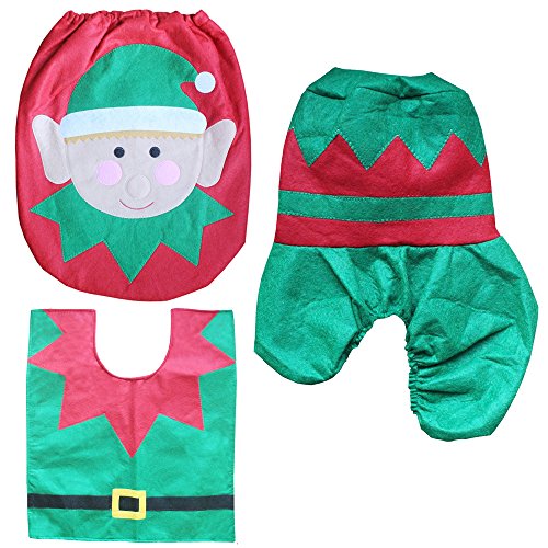 Festive Christmas Bathroom Decoration Set, 3-Piece Plush Snowman and Santa Toilet Seat Cover and Rug Set with Tank Tissue Box Cover For Holiday Bathroom Ornament (Santa Elf)
