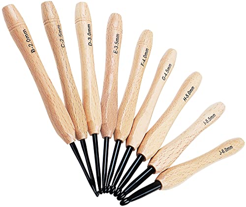 Coopay Crochet Kit Ergonomic Crochet Hook Set with Warm Bamboo Handle, 9PCS Wooden Crochet Hooks with Black Aluminum Crochet Needles for Crocheting 2-6mm(B-J), Lightweight Knitting & Crochet Supplies