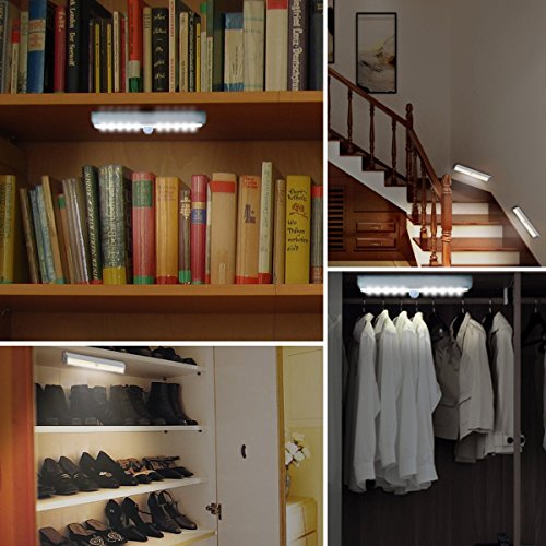 Wireless Motion Sensor Cabinet Lights 10-LED USB Rechargeable Closet Lights LED Under Cabinet Lighting for Wardrobe/Drawer/Stairs/Cupboard/Counter/Pantry/Stairs,Stick On Anywhere,2 Pack,White Light