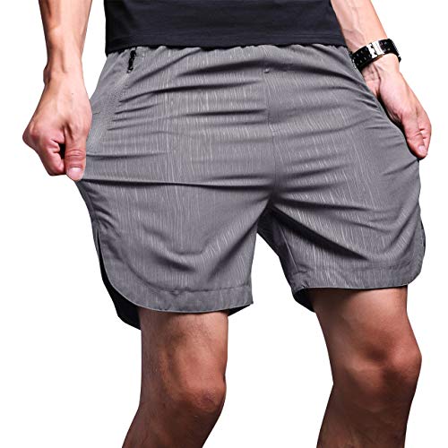 LTIFONE Mens Gym Quick Dry Shorts Workout Training Running Vertical Stripe Shorts with Zipper Pocket (Granite Heather,XXL)