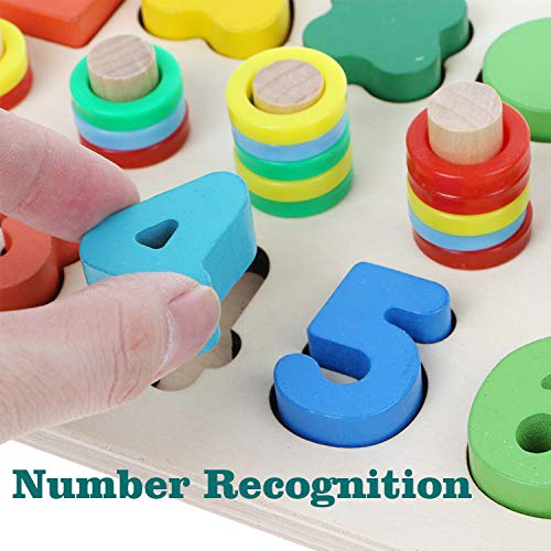 Montessori Wood Blocks Puzzle Board Set for Toddler Preschool Kids, Learning & Educational Toys for Number Counting, Colors Stacking, Shape Sorting, Early Education Toy
