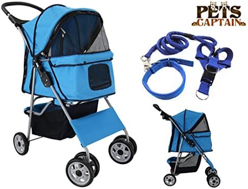 PetsCaptain Pet Stroller Cat &amp; Dog Folding Travel Carrier Carriage with Leash, Harness, and Collar Bundle (4-Wheel, Blue)