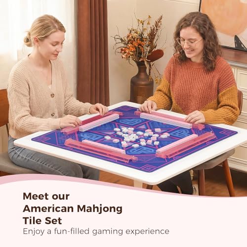 Kyerlish American Mahjong Tile Set with Printed Carrying Bag, 166 Premium Pink Tiles, 4 All-in-One Racks/Pushers and Accessories, Mahjong Set, Complete Mahjong Game Set for Travel,Gifts（Pink Flower）