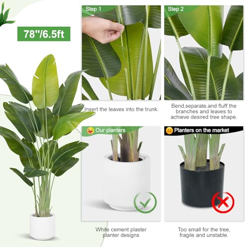 ZEEOZE Artificial Plant Bird of Paradise 200 cm High Fake Tropical Palm Tree for Indoor Outdoor with 15 Leaves Banana Tree Indoor Fake Tree with White Asus for Bed Garden Office Decoration