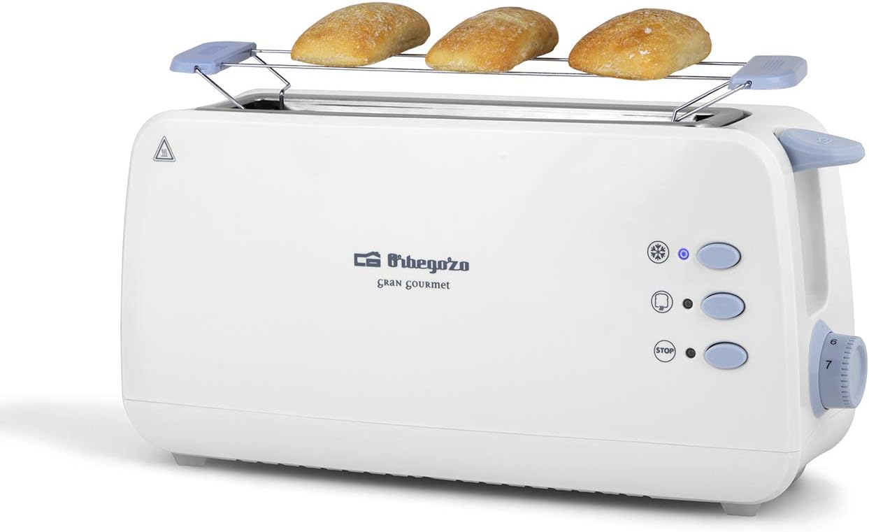 OrbegozoTO 4012 Long-Slot Toaster, Bread Roll Warmer, 7 Toasting Levels, Defrosting and Reheating Function, Crumb Tray, 850 W, White