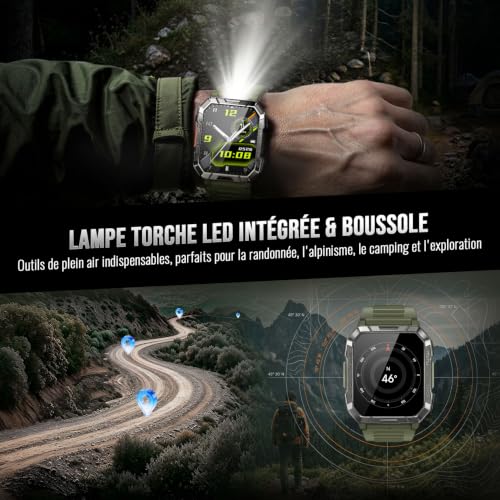 Blackview Men's Military Smart Watch, SOS LED Torch & Compass, 100J Battery Life 960mAh, Bluetooth Calling, Pedometer, 24h Health Tracking, 120+ Sports Modes, IP68, Shockproof, iOS & Android