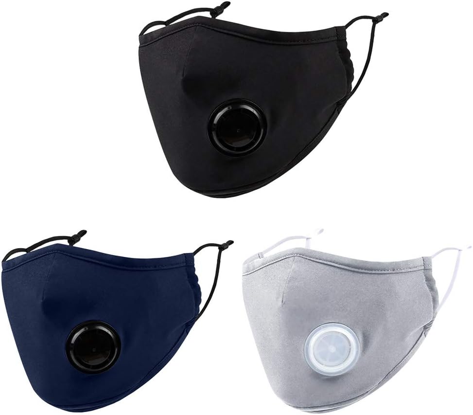 Renile 1/3PCS Mouth Covers Breathable Anti-dust PM 2.5 Cotton Covers with Valve & Filters (3 PCS, Multicolour)