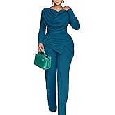 CHICME Women's Fall Jumpsuit Long Sleeve Jumpsuit Dressy Cowl Neck Asymmetrical Hem Overall Zipper Back One Piece Outfit