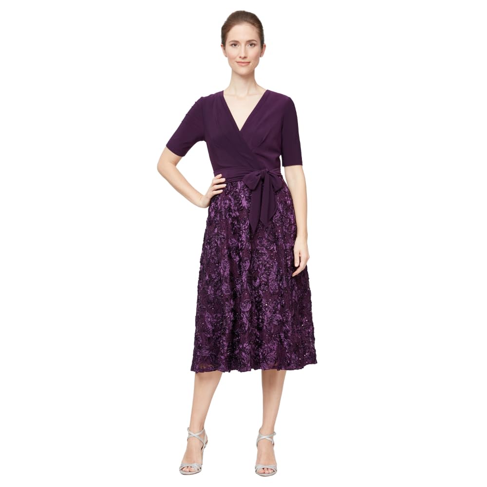 Alex Evenings Women’s Tea Length Jersey and Rosette Lace Dress (Petite and Regular), Eggplant, 16