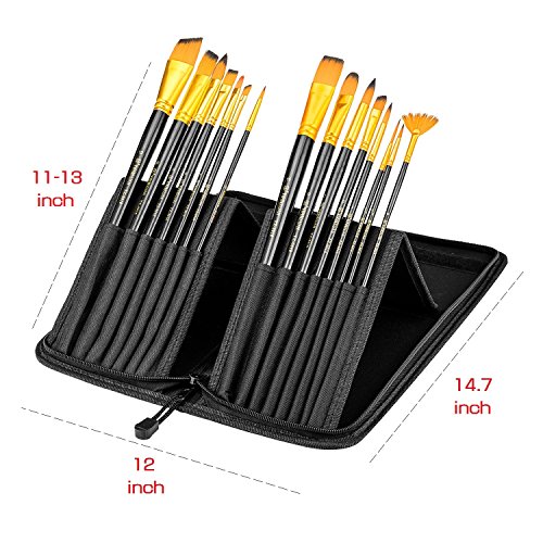 Art Paint Brush Set, UnityStar 15 PCS LONG HANDLE Artist Brushes with Carrying Case & Pop-up Stand for Acrylic Watercolor Oil Paint Face Painting
