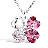 Merdia Four Leaf Clover Heart-shaped Swarovski Elements Crystal Pendant Necklace 16
