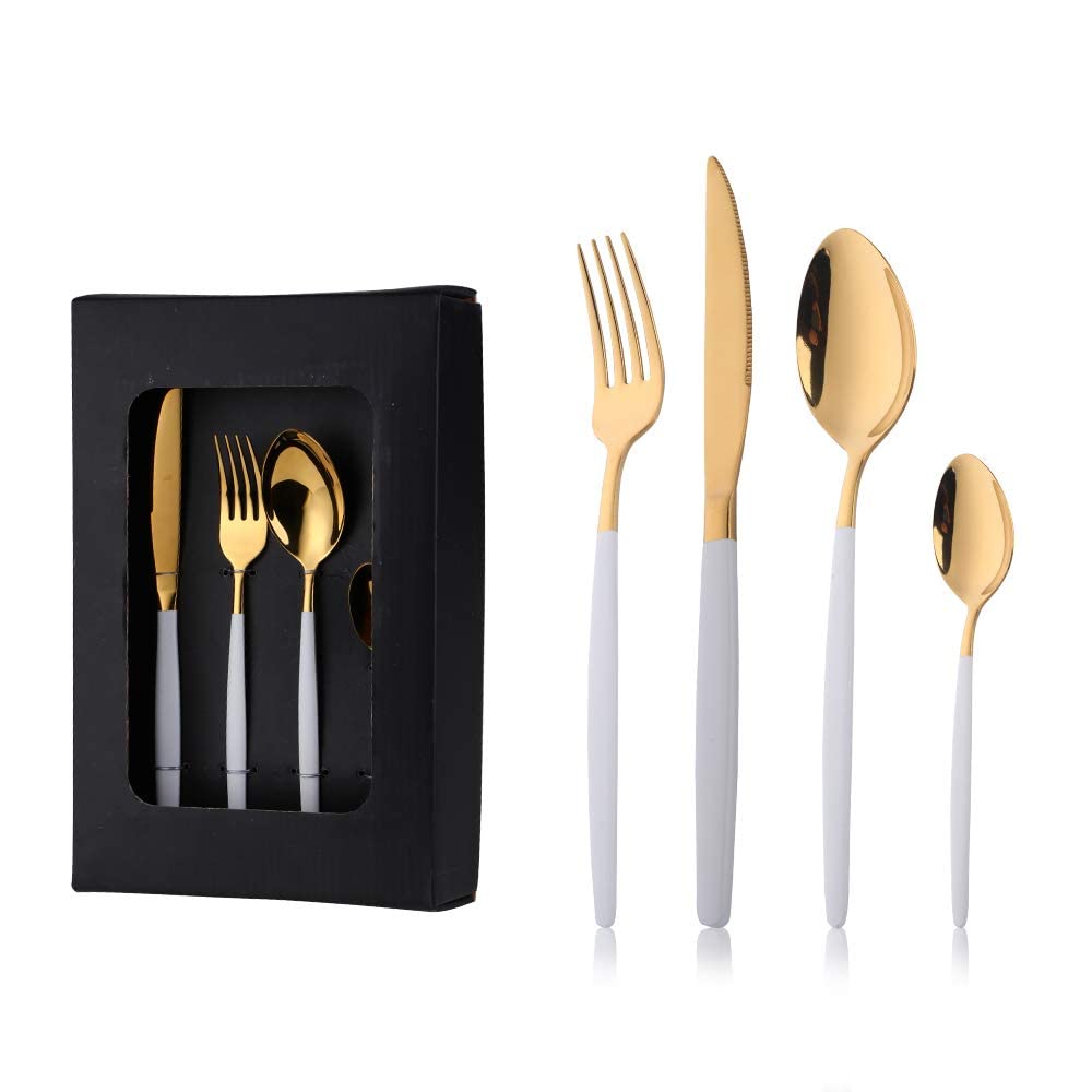 16 Piece White and Gold Cutlery, Stainless Steel Flatware Service for 4, Dishwasher Safe Dinner Set With Handle Knife Fork Spoon