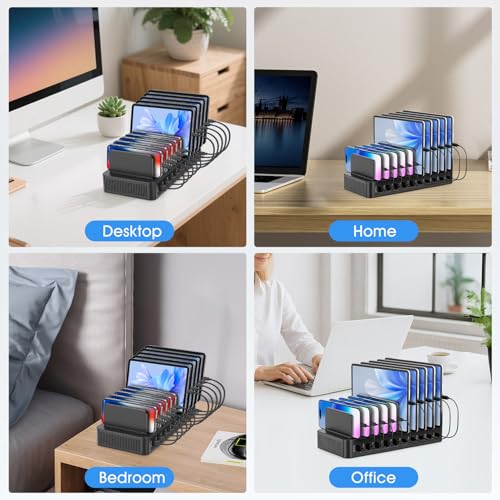 HISUEKIG USB Charging Dock, 10 Ports 15 W Charging Station with 10 Cables, Phone Charger Stand, Portable Phone Charging Station (Black)